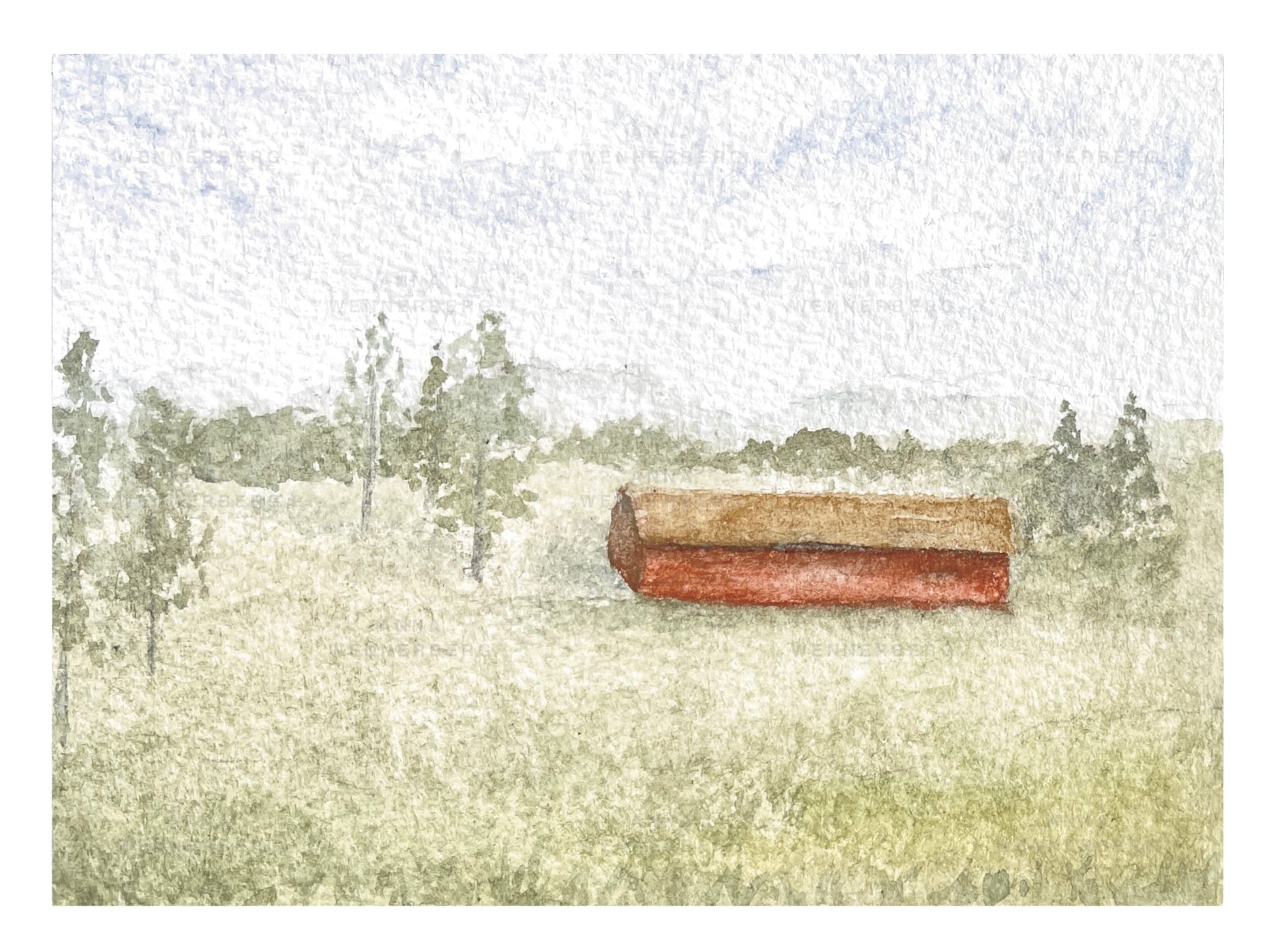 Konsttryck. Landskap. Motivet är ett foto av en akvarellmålning och föreställer en röd ladugårdslänga med några träd runtom och blå himmel ovanför.