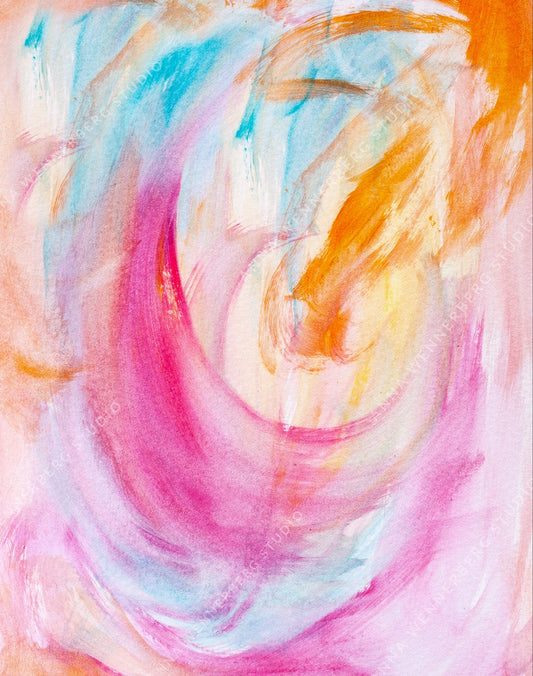 Färggrann abstrakt målning med rosa, turkos, orange färgtema